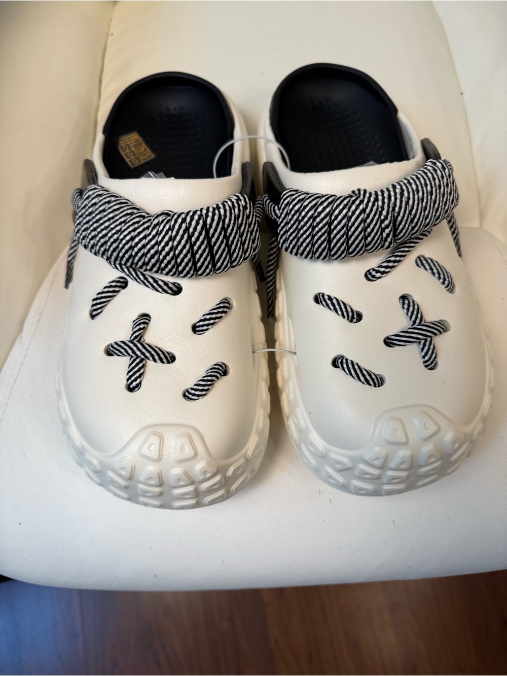 Women White Clog Shoes with Black Accent Laces